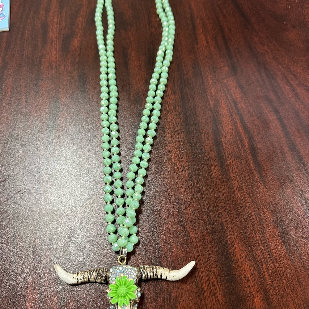 Green Beaded Necklace with Bull Pendant
